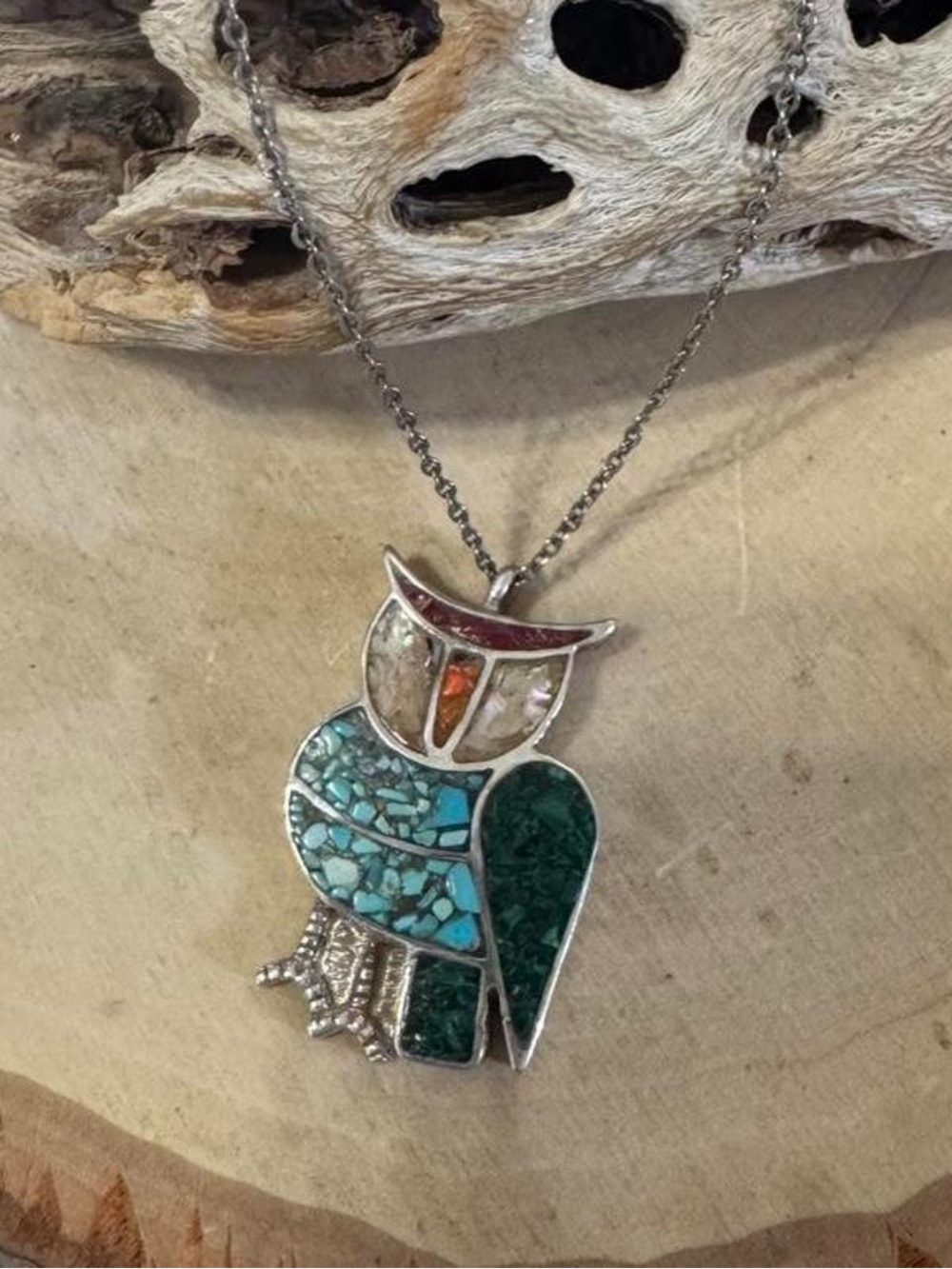 Vintage Native American 925 Sterling Silver Inlaid Stone Owl Pendant